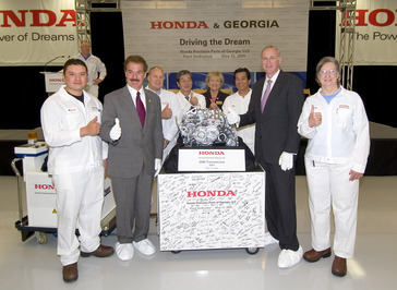 Tallapoosa, Ga. - Honda Precision Parts of Georgia, LLC (HPPG), together with Georgia state and local officials, today celebrated the start of mass production of five-speed transmissions at its West Georgia facility in Haralson County. At the plant dedication ceremony, the company announced plans to expand production capabilities - increasing its original $100 million investment to $150 million as well as an increase in its employee base from 400 associates to 440 associates.  The company also announced plans for expansion of the factory's footprint from 250,000 square feet to 350,000 square feet. From left: Mauricio Taburo, HPPG Associate, Representative Phil Gingrey, John Spoltman, Vice President, HPPG, Koki Hirashima, Honda Motor Company Global , Manufacturing Leader, Jacquelin Roberts, Mayor Pro Tem of Tallapoosa, Nobu Sanui, President, HPPG, Craig Lesser, Commissioner of the Georgia Department of Economic Development, Nancy Crosby, HPPG Associate.